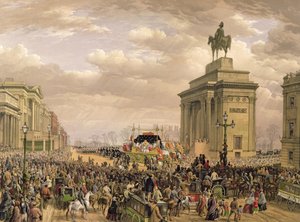 Begravelse til hertugen av Wellington, begravelsesbilen som passerer buegangen ved Apsley House, 18. november 1852, gravert av Thomas Picken (fl.1838-1870), pub. av Ackermann og Day, 1853