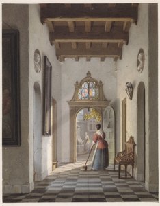 Jente som feier gangen i et hus av Louis Henri de Fontenay