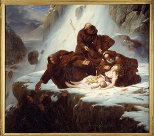 De religiøse på hospitset til Saint Gotthard (San Gottardo) gir lindring til familier berørt av brigandene Maleri av Louis Hersent (1777-1860) 1824