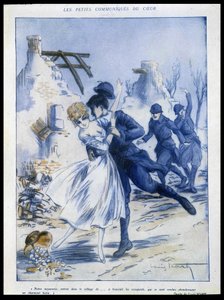 Soldater som kommer inn i byen, en som kysser en kvinne, "" sjarmerende bytte"", Illustrasjon av Louis Icart (1888-1950) I "" Fantasio"" 15/12/1915 av Louis Icart