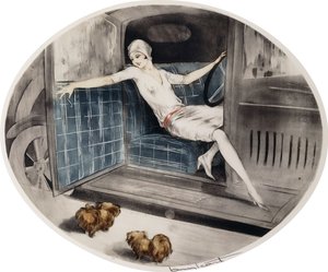 Kvinne i en bil med to pekinesere av Louis Icart