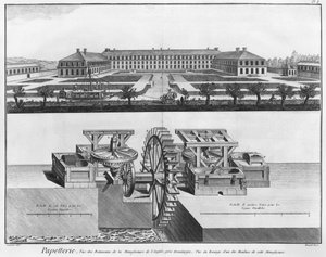 En papirfabrikk, illustrasjon fra 'Encyclopedie des Sciences et Metiers' av Denis Diderot (1713-84) gravert av Robert Benard (fl.1734) utgitt ca. 1770