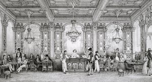 Cafe de la Banque de France built by architect Dusillon and located Place de Victoire - Engraving of Schaal - 1839 - av Louis Jacques Nicolas Schaal