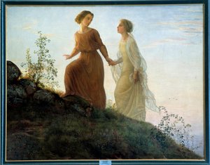Sjelens dikt; På fjellet klatrer en ung kvinne akkompagnert av en muse et fjell i en lyrisk atmosfære. Maleri av Louis Janmot (1814-1892) 1800-tallet. Lyon, Musee Des Beaux Arts - Sjelens dikt - På fjellet: en ung kvinne med