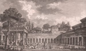 Ideell rekonstruksjon av Villa of Diomedes i Pompeii til sin opprinnelige tilstand før vulkanutbruddet av Vesuv i 79 e.Kr., Campania, Italia, etsning etter tegning av Louis Jean Desprez (1743-1804), ca 21x34 cm av Louis Jean (after) Desprez