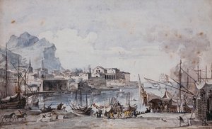 Utsikt over havnen i Palermo, 1777 av Louis Jean Desprez
