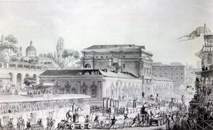 Antikviteter funnet ved Herculaneum blir fraktet til Napoli-museet, ca. 1782 (penn, blekk og akvarell på papir) av Louis Jean Desprez