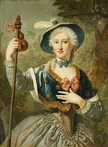 Portrett av en dame, tre-kvarts lengde, kledd som en pilegrim, og iført en blå foret stråhatt og fjær, 1747 av Louis Jean François Lagrenée