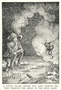 En liten svart dverg ble sett på vei gjennom det blå lyset (litho) av Louis John Rhead