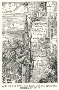 Og hun la ned håret, og kongens sønn klatret opp ved det (litho) av Louis John Rhead