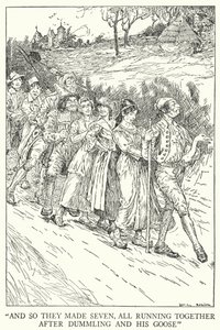 "Og så de laget syv, alle sammen etter Dummling og gåsen hans" (litho) av Louis John Rhead