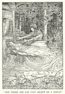 "Og der lå hun og sov på en sofa" (litho) av Louis John Rhead