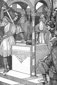 Arthur trakk frem sverdet Excalibur fra en ambolt Illustrasjon av Louis Rhead (1858-1926) fra "kong Arthur og hans riddere" 1923 Privat samling