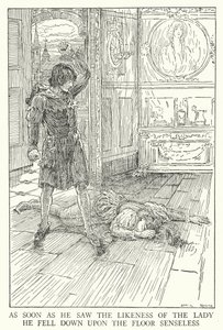 Så snart han så likheten til damen, falt han ned på gulvet meningsløs (litho) av Louis John Rhead