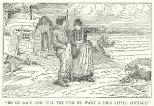 "Gå tilbake og fortell fisken at vi vil ha en koselig liten hytte" (litho) av Louis John Rhead
