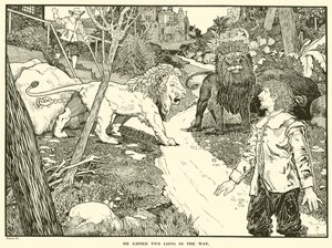 Han sprang to løver i veien (gravering) av Louis John Rhead