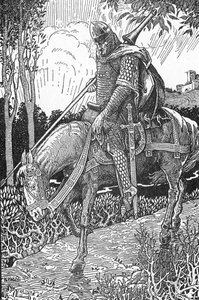 Mordred (Modred) sår etter slaget ved Camlann mot sin far kong Arthur (Mordred såret etter slaget ved Camlann) Illustrasjon av Louis Rhead (1858-1926) fra "King Arthur and his knights" 1923 Privat samling