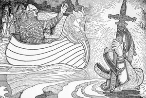 Representasjon av Lady of the Lake (fee viviane), karakter av Arthur-legendene, som gir kong Arthur den andre Excalibur (Arthurisk legende: Lady of the Lake (Nimue, Viviane) gir kong Arthur sitt sverd Excalibur) Illustrasjon av Louis Rhead (1858) -1