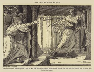 Saul kaster spydet mot David av Louis John Rhead