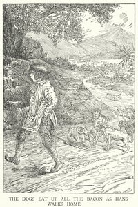 Hundene spiser opp alt baconet mens Hans går hjem (litho) av Louis John Rhead