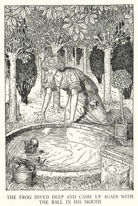 Frosken dykket dypt og kom opp igjen med ballen i munnen (litho) av Louis John Rhead