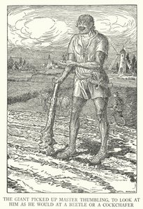 Kjempen tok opp Master Thumbling for å se på ham som han ville gjort på en bille eller en cockchafer (litho) av Louis John Rhead