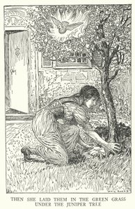 Hun la dem i det grønne gresset under einertreet (litho) av Louis John Rhead