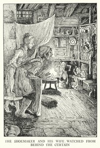 Skomakeren og hans kone så bak forhenget (litho) av Louis John Rhead
