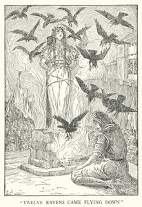 "Tolv ravner kom flyvende ned" (litho) av Louis John Rhead