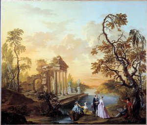 Hyllest til kjærlighetsromantisk scene i et landskap av gamle ruiner i skumringen. Maleri av Louis Joseph Watteau dit Watteau de Lille (1731-1798)