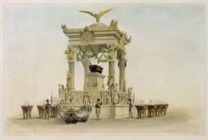 Kisten til Napoleon I Bonaparte (1769-1821) i Invalides-kirken (Paris, Frankrike). (Kisten til Napoleon i kirken ved Les Invalides). Verk av Louis Jules Arnout (1814-1868), litografi og akvarell. Fransk kunst fra 1800-tallet, klassisisme.