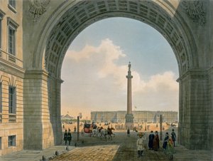 Palace Square, View from the Arch of the Army Headquarters, St. Petersburg, trykt av Lemercier, Paris, 1840-tallet (farge litho)