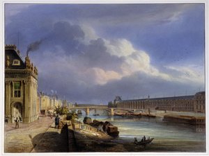 Pont du Carrousel og det store galleriet i Louvre - i "Paris i 1837" av Arnout av Louis Jules Arnout