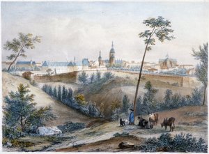 Bouvier på det bretonske landskapet (Dinan i det fjerne) - litografi av Jacottet og Benoist av Louis Julien Jacottet