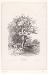 Jegere med hunder langs en grøft i en skog Landskapstegnekurs (serietittel) Cours de Paysage (serietittel på objekt) av Louis Julien Jacottet
