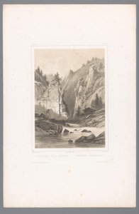 Utsikt over en bro over en steinkløft i Telemark Le Wrangefos dans le Tellemark / Wrangefòs i Tellemarken (tittel på objekt) Utsikt i Skandinavia (serietittel) Vues du Nord. Norvege (serietittel)