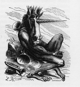 AMDUSCIAS demon i Ars Goetia - Amdusias - demon avledet fra goetie-tro (kunst og praksis for å påkalle demoner) - i "The infernal dictionary" av Collin de Plancy - Gravering av L. Breton. Paris