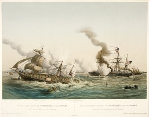 Combat Naval entre le Kearsage & l?Alabama,pub. 1864 (fargelitografi) av Louis Le Breton