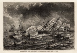 Torskefiske på Grand Bank of Newfoundland, båtene følger linjene, tegnet av Lebreton, for å illustrere reisen til Newfoundland i 1860 av A. de Gobineau. Gravering i "" Le tour du monde"", redigert av Edouard Charton
