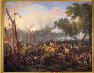Første passasje av Rhinen av den franske hæren kommandert av Jourdan og Kleber, ved Düsseldorf i hertugen av Berg, 6. september av Louis Lejeune