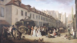 Ankomsten av en diligence ved Terminus, rue Notre-Dame-des-Victoires, Paris av Louis Leopold Boilly