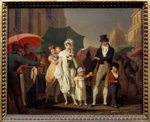 Bourgeois-dusjer på parisisk Premier Empire-mote beskytter seg mot regnet. Maleri av Louis leopold Boilly (1761-1845) 1800-tallets søn. 0,32x0,4 m - Regnskyllen. Parisere borgerlige kledd i First Empire-mote beskytter seg selv fr av Louis Leopold Boilly