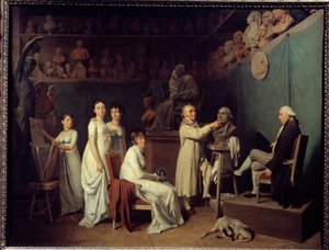 Verkstedet til billedhuggeren Jean Baptiste Houdon (1741-1828). Skulptørens modell var matematikeren Pierre-Simon Laplace (1749-1827) Marquis de Laplace i nærvær av hans kone og døtre. Maleri av Louis Leopold Boilly (1761-1845) 1804 Paris, De av Louis Leopold Boilly