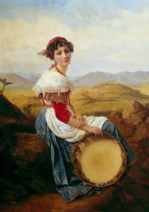 Portrett av en bonde fra landsbygda i Roma En ung italiensk musiker som holder en tamburin. Maleri av Louis Leopold Robert (1794-1835) 1824 Dim. 0,46 x 0,37 m.