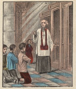 Forberedelse premiere nattverd - Katekismus - (Første nattverd) Første nattverd forberedelse - - Gravering fra “Religionslære ved øynene. Wonderful Album» av Louis Maitrejean og Georget Ramond - Frankrike 1910