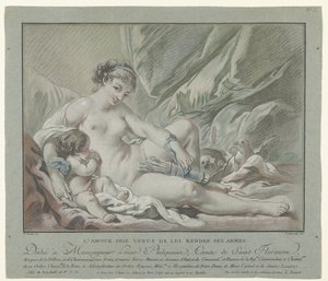 Amor ber Venus om å returnere pilene sine L'Amour prie Venus de lui rendre ses armes (tittel på objekt) av Louis Marin Bonnet