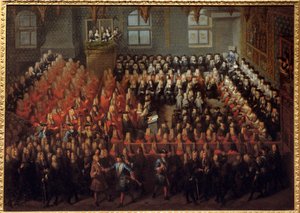 Rettferdighetsseng holdt av Ludvig XV (1710-1774) i Storkammeret i parlamentet i Paris for å bryte viljen til Ludvig XIV (1638-1715) av Louis Michel Dumesnil