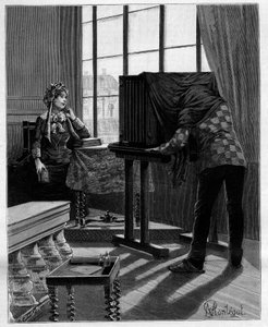 And without any bad mood, the lady of Midi puts her elbow back on the table and her chin in her hand. Photographer in his studio taking a photograph with a darkroom. In “” Trento ans de Paris”” autobiographical collection by Alphonse Daudet (1840-1897). En