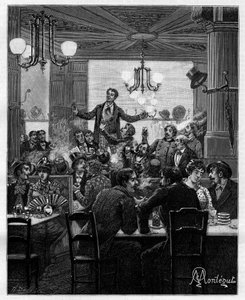 I midten, på et bord, leder Desroches charivarien. Scene på en parisisk kafé: folk synger, drikker, røyker, prater og flørter rundt bordene. I "" Trento ans de Paris"" selvbiografisk samling av Alphonse Daudet (1840-1897). Gravering etter Montegut