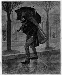 Dårlig høsting! Stakkars våt sikade! ... Trommespiller i elendighet går i regnet i gatene i Paris. I "" Trento ans de Paris"" selvbiografisk samling av Alphonse Daudet (1840-1897). Gravering etter Monteguts illustrasjoner i “” Le Monde 